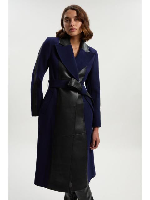 Wool PU Mix Belted Midi Coat