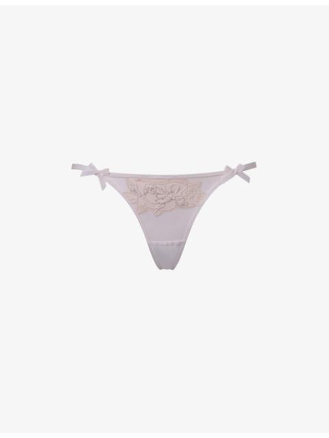 Lindie mid-rise embroidered floral mesh thong