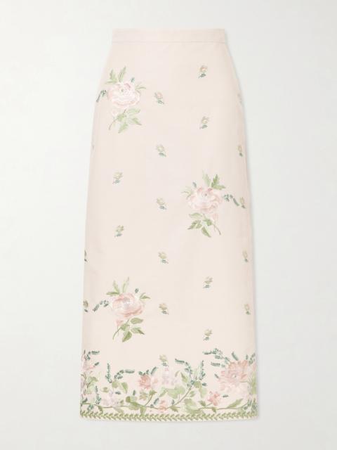 Floral-embroidered Cotton-faille Midi Skirt
