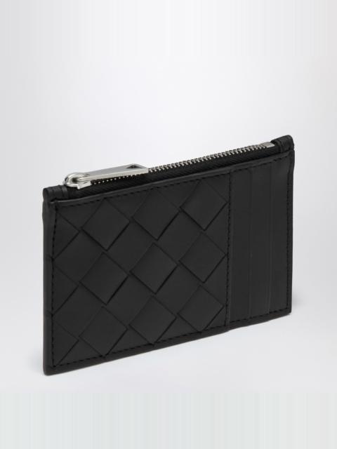 Black leather card case with intrecciato pattern