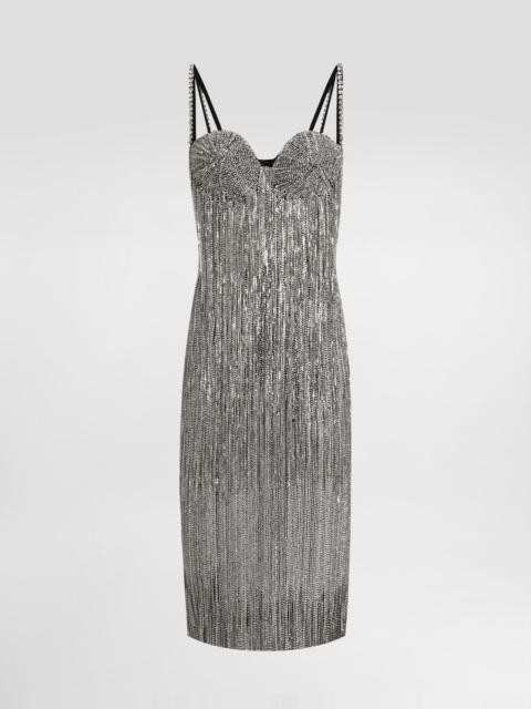 Marquisette calf-length dress with sequined fringing