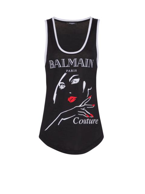 Flocked relaxed tank top with Balmain Beauty print