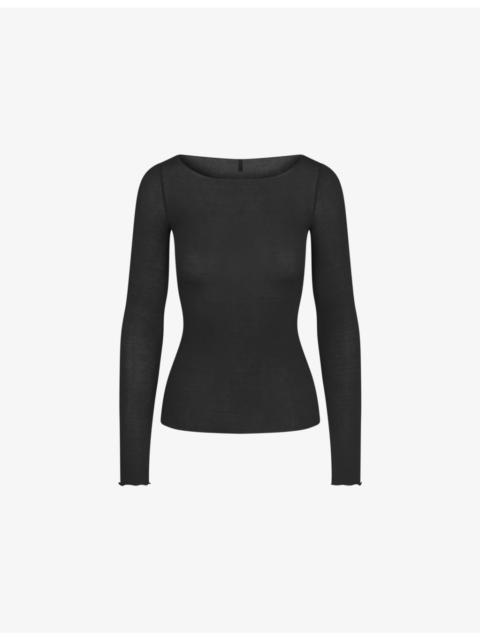 Boat-Neck Long-Sleeve Stretch-Modal T-Shirt
