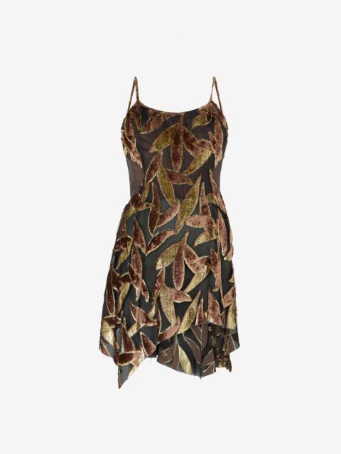 Chocolate Sheer Mini Dress with Foliage Motif