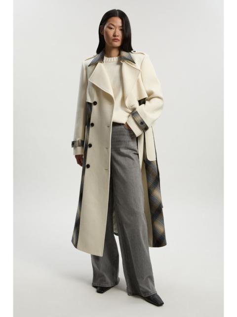 Wool Check Tailored Belted Trench Midi Coat