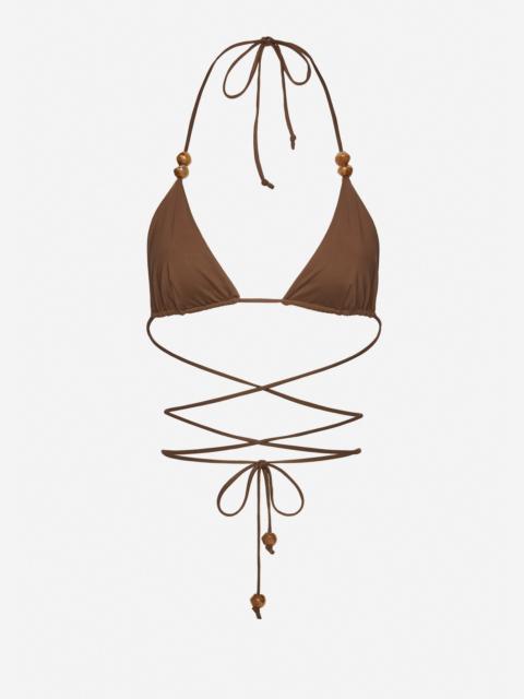Strappy triangle bikini top in brown with beads