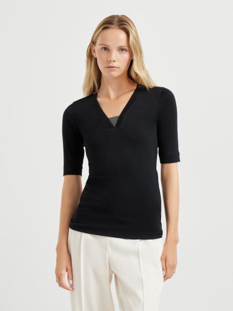 Stretch cotton ribbed jersey T-shirt with precious insert