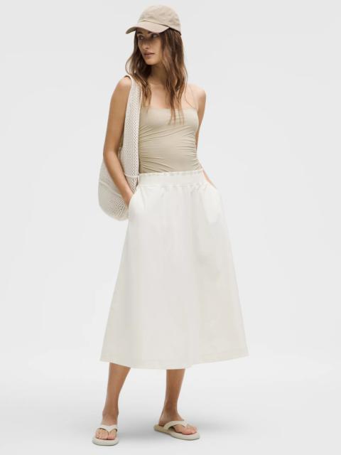 Stretch Woven Ruffle-Waist Midi Skirt