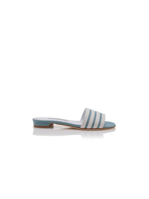 Light Blue And White Linen Flat Mules