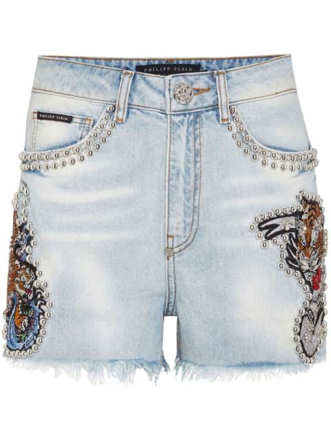 Tattoo stud-embellished denim shorts