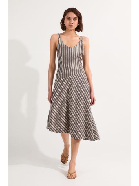 Tailored Stripe Linen  Strappy Asymmetric Hem Midi Dress