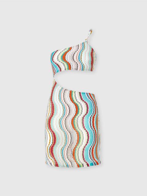 Short one-shoulder cover-up dress with lamé wave motif