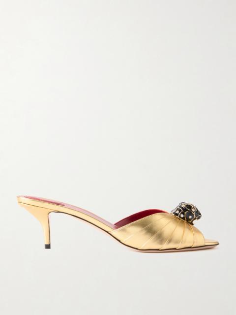 Panthea 55 Embellished Gathered Metallic-leather Mules