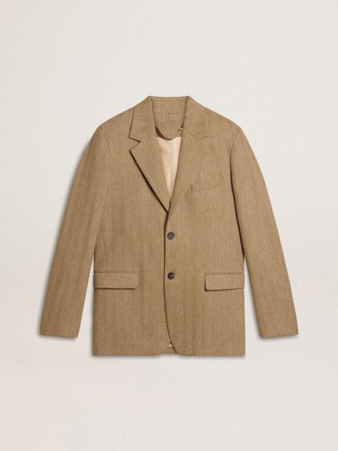 Men's single-breasted blazer in a sand-colored chevron linen blend.