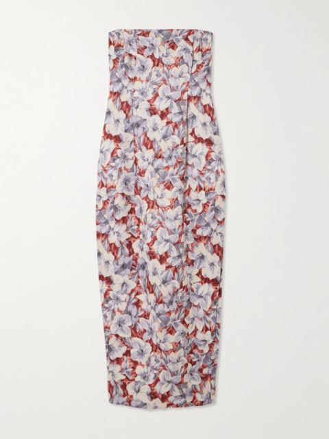 Rosalie Strapless Pleated Floral-print Linen Midi Dress