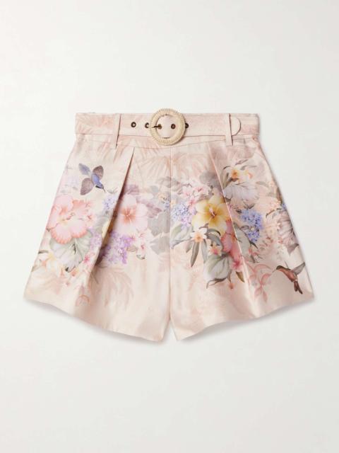 Illuminate belted pleated floral-print silk and cotton-blend shorts Blush