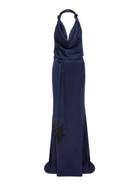 Ria Knotted Satin Halter Gown navy