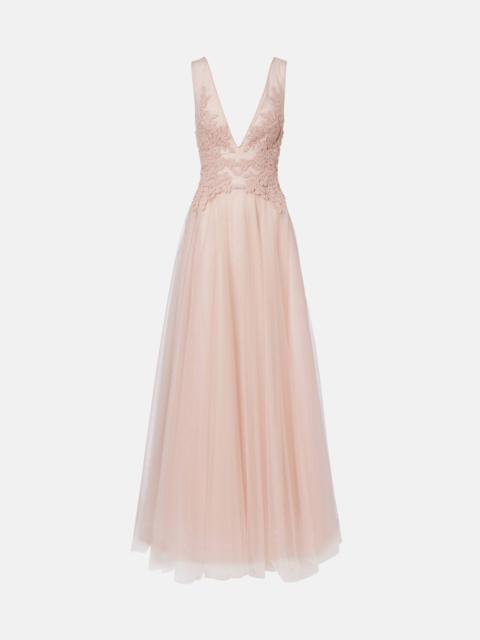 Floral-appliqué tulle gown