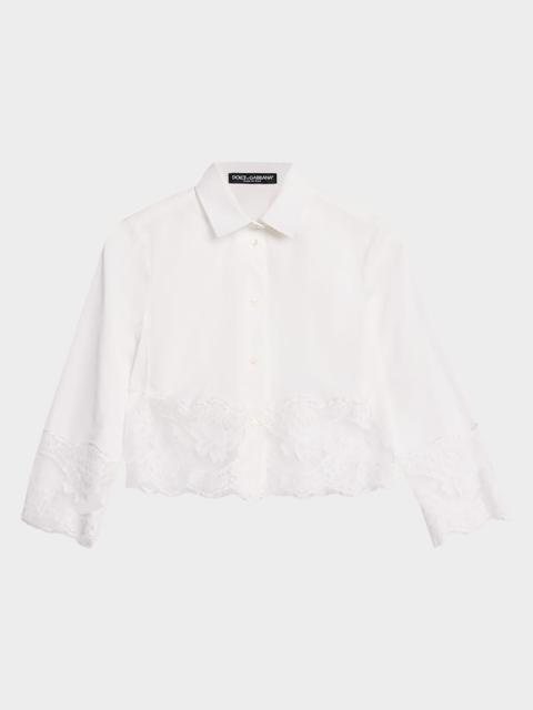 Cropped Button-Front Blouse with Lace Trim