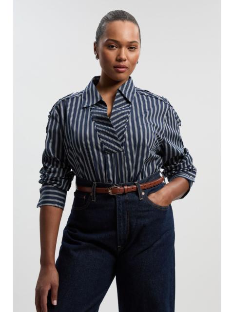 Plus Size Stripe Boxy Cotton Placket Detail Woven Shirt