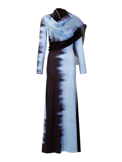 Moon Cape-Detailed Silk-Blend Maxi Dress blue