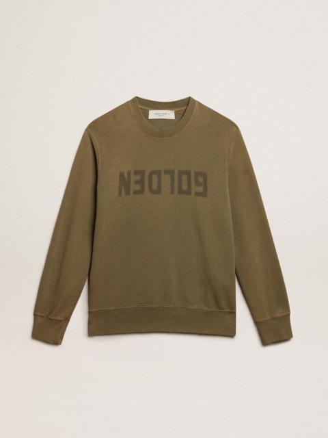 Olive-green Golden Collection sweatshirt with a distressed treatment and Golden lettering on the fro