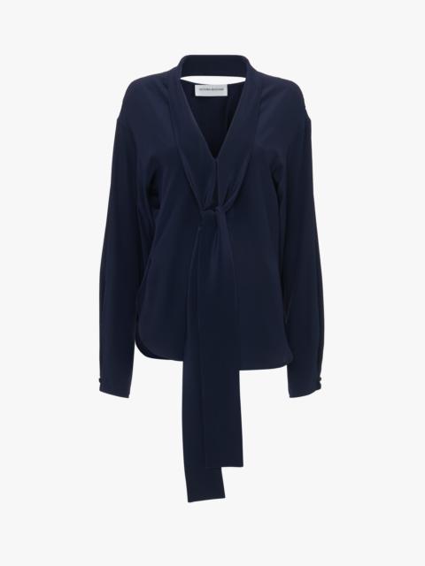 V-Neck Scarf Blouse In Ink Blue