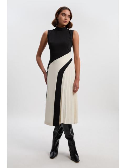 Soft Tailored Colour Block High Neck Pleated Midi Dress