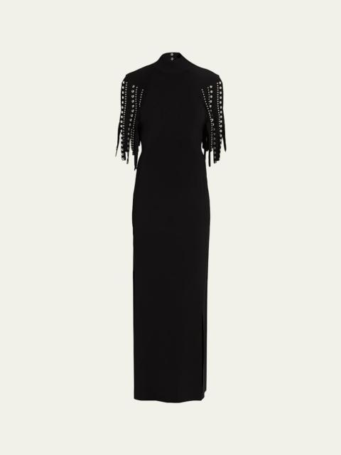 Mock-Neck Studded Fringe Capelet Maxi Dress