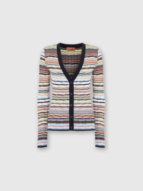 Striped cotton and viscose ribbed cardigan with contrasting trim