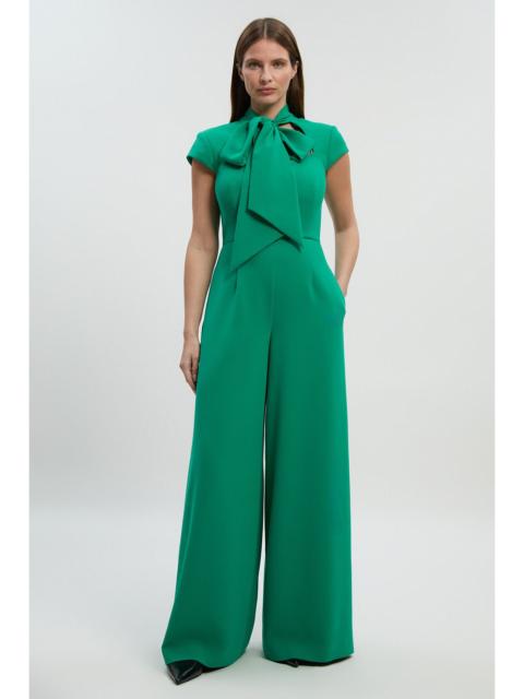 Compact Stretch Bow Tie Neck Tailored Wide Leg Jumpsuit