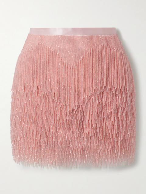 Fringed Beaded Silk-satin Mini Skirt