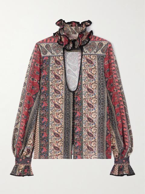 Ruffled Cutout Satin-trimmed Metallic Printed Cotton-blend Blouse