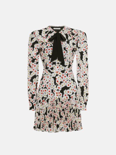 DAISY PRINT SILK PLEATED MINI DRESS W/ COLLAR, BOW