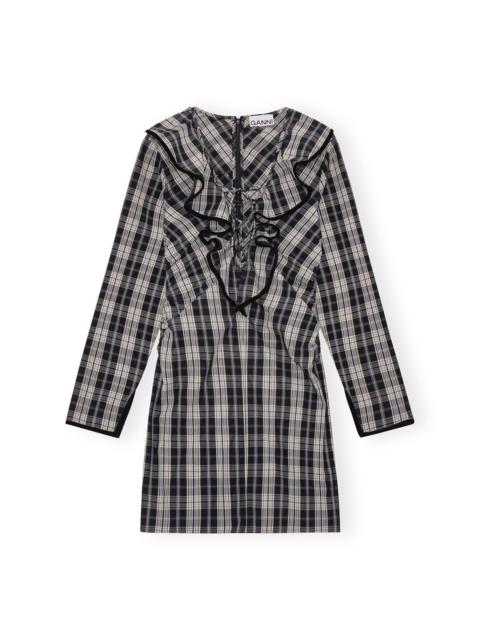 CHECKERED COTTON RUFFLE V-NECK MINI DRESS