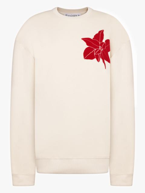 FLOCKED FLORAL MOTIF L/S SWEATHSIRT | CREAM/RED