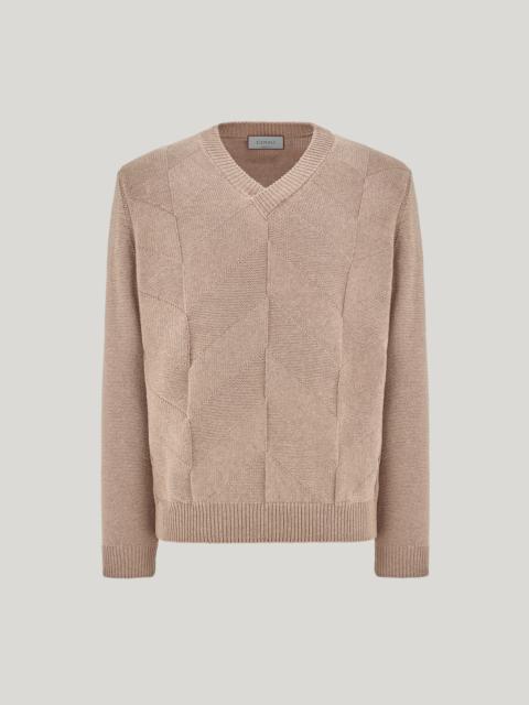 TAUPE COTTON AND SILK V-NECK SWEATER WITH STRUCTURED PATTERN