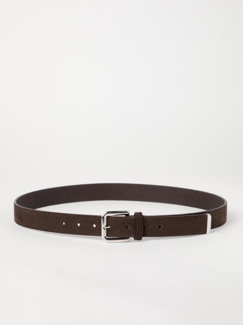 Reversed leather belt with square buckle and tip