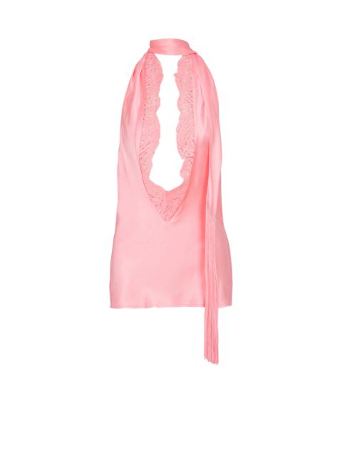 Backless fringed satin top