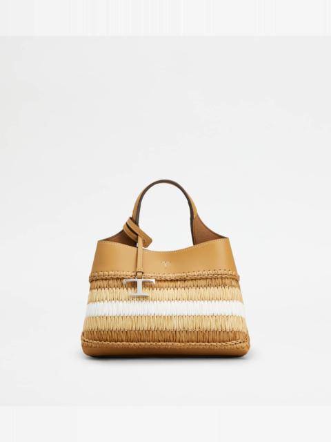 BAG IN LEATHER AND RAFFIA MICRO - BROWN, BEIGE, WHITE