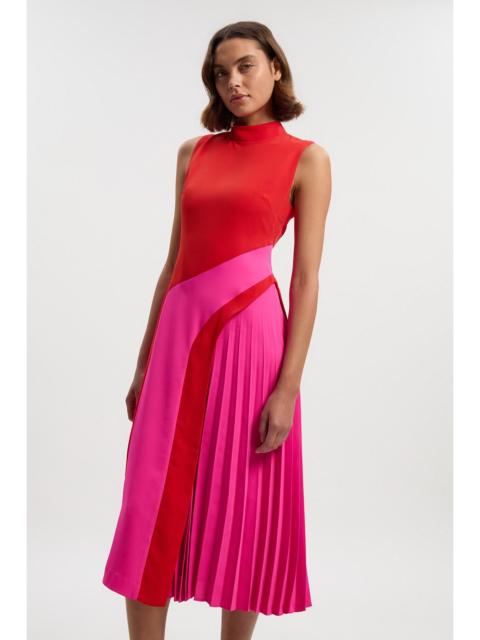 Soft Tailored Colour Block High Neck Pleated Midi Dress