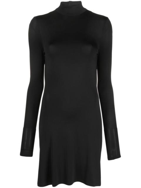 high-neck draped-back minidress