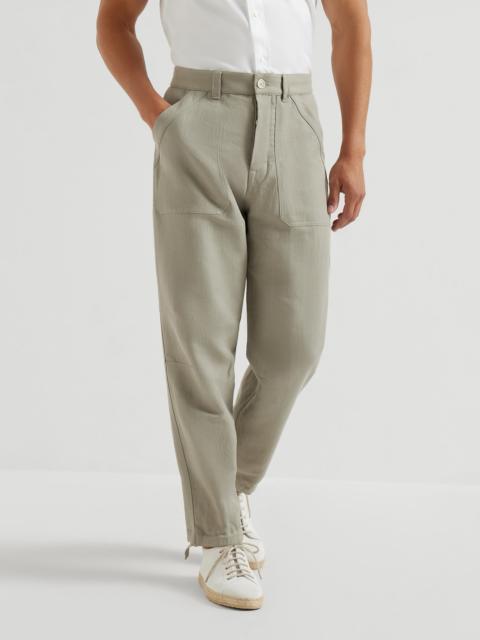 Linen and cotton drill trousers with patch pockets and drawstring