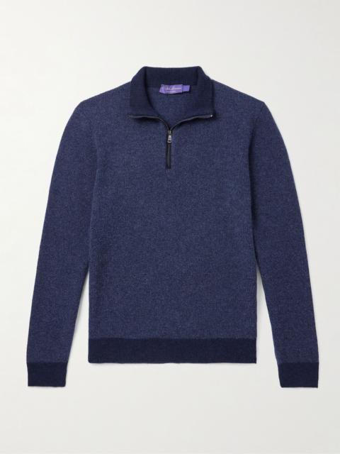 Slim-Fit Suede-Trimmed Cashmere Half-Zip Sweater Navy