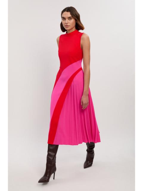Soft Tailored Colour Block High Neck Pleated Midi Dress
