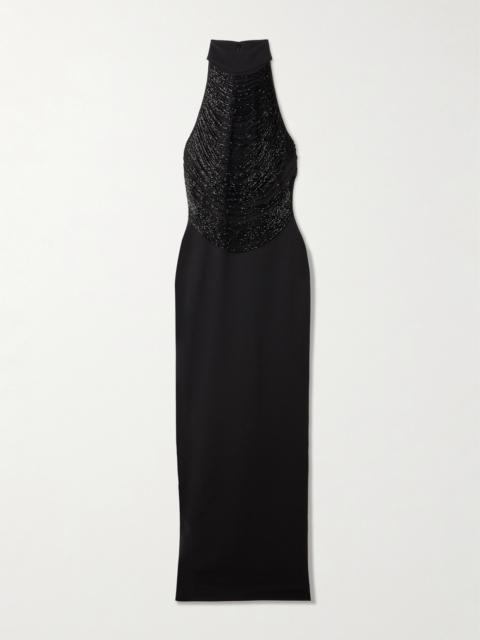 Portia Bead-embellished Stretch-crepe Halterneck Gown