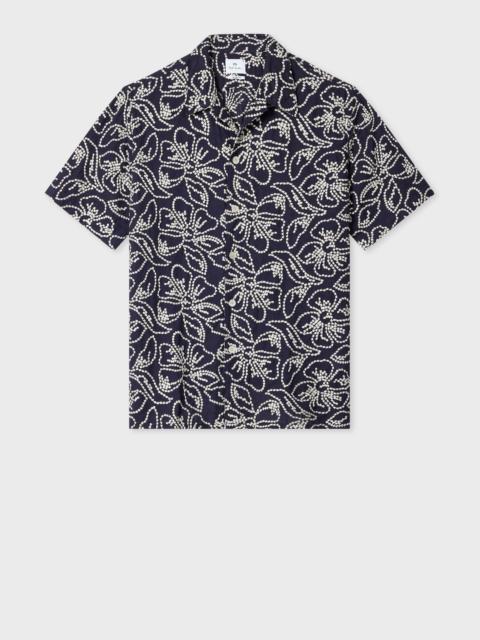 Casual-Fit Navy Floral Embroidery Short-Sleeve Shirt