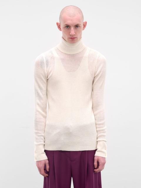 White Rib-Knit Turleneck Sweater