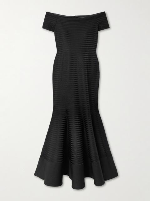 Off-the-shoulder Striped Metallic Knitted Midi Dress