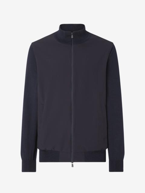 Blue full zip wool and stretch technical fabric jumper